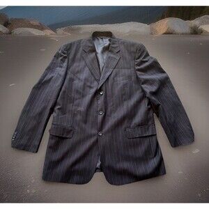 Giorgio Cerruti Mens 46L Black Pinstripe Suit Jacket Blazer Paris SBX3 2 Button